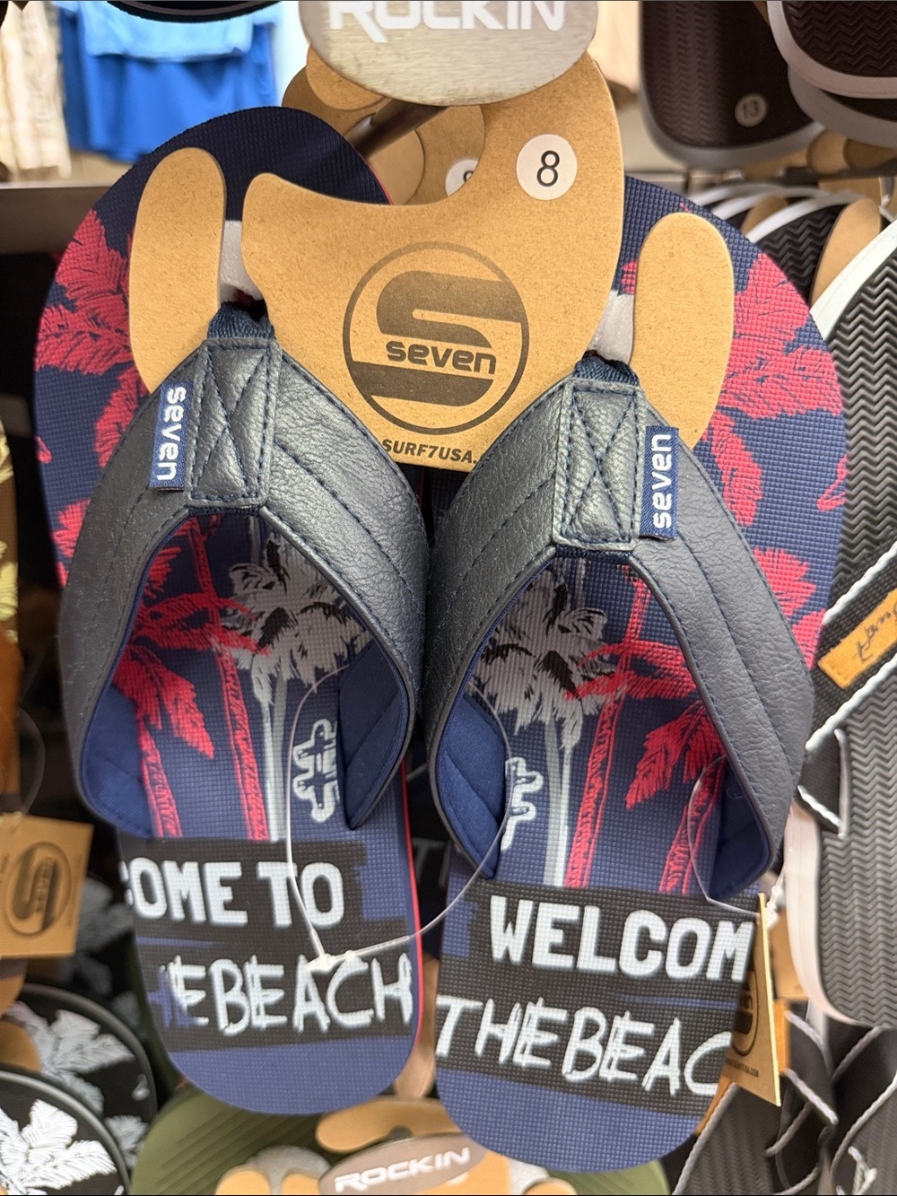 Seven7 Men's Navy and Red Palm-Print Flip Flops NWT